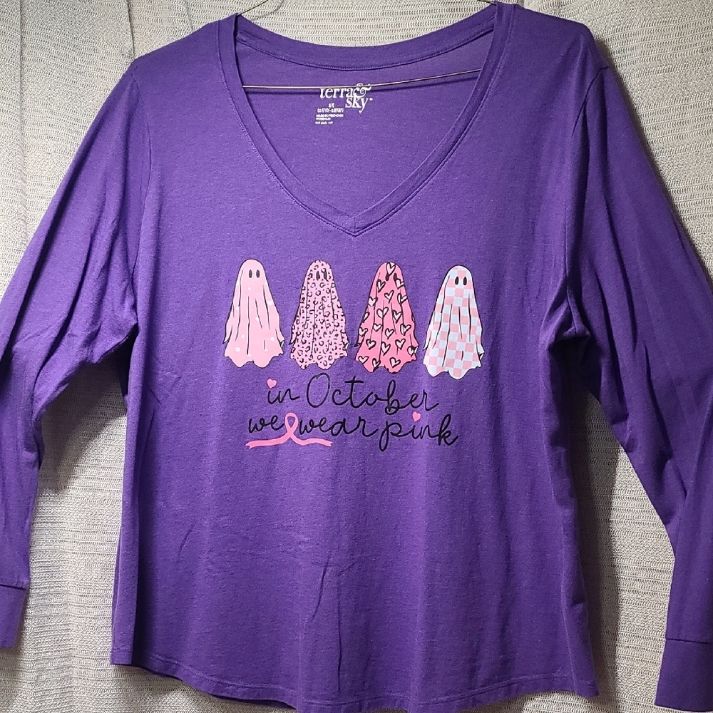 Terra & Sky Purple Graphic 3/4 Sleeve Tee "October We Wear Pink" Ghosts EUC